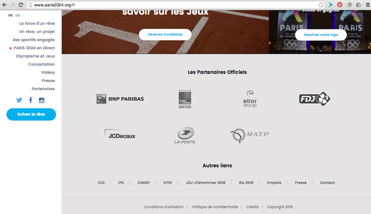 Aperçu des logos affichés en page d'accueil du site Paris 2024 pour les JO