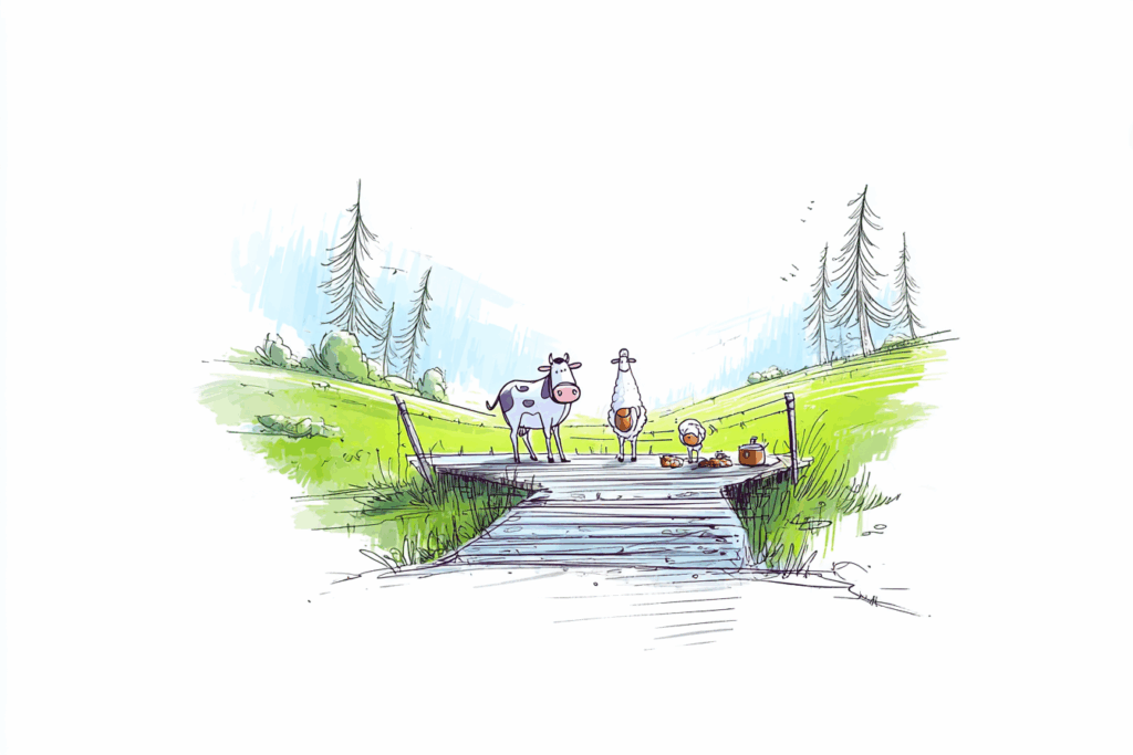 Sheep in front of a cattle grid, Wikimedia Commons 3 animaux devant une grille au sol en pleine montagne