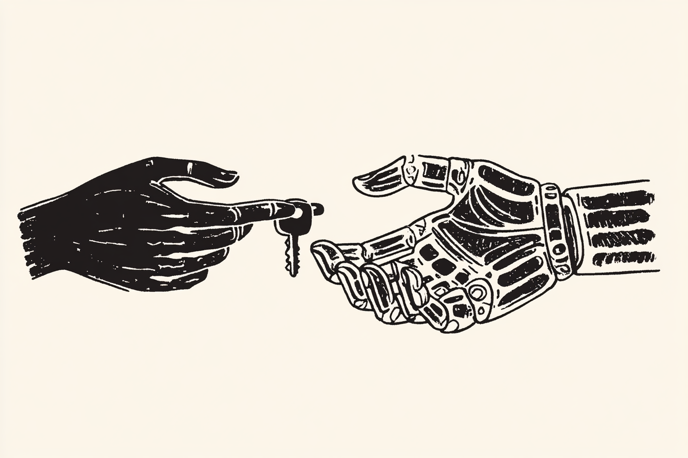 Voiture autonome : une main d'humain donnant des clés de voiture à une main robotisée