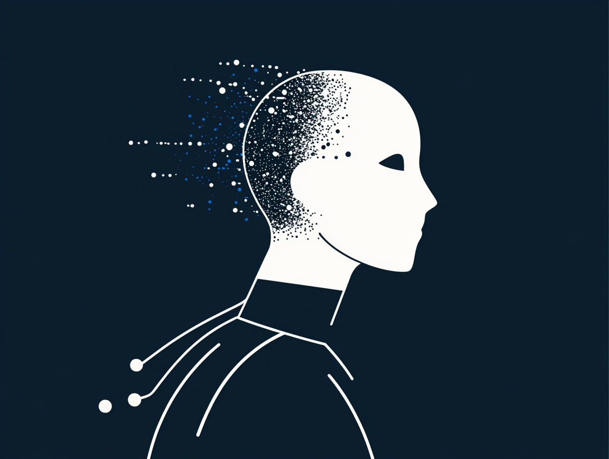 Robot blanc avec des particules derrière la tête - Intelligence artificielle