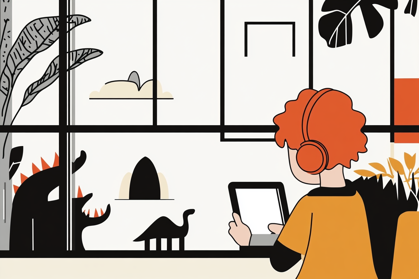 Enfant assis avec un casque sur les oreilles, devant une tablette