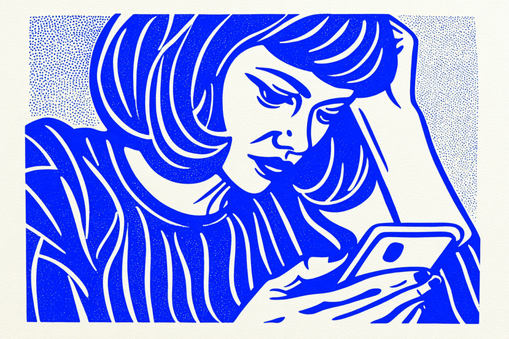 Femme tenant son téléphone, main tendue vers l'écran