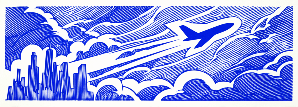 Avion dans le ciel, avec une fumée qui représente une ville