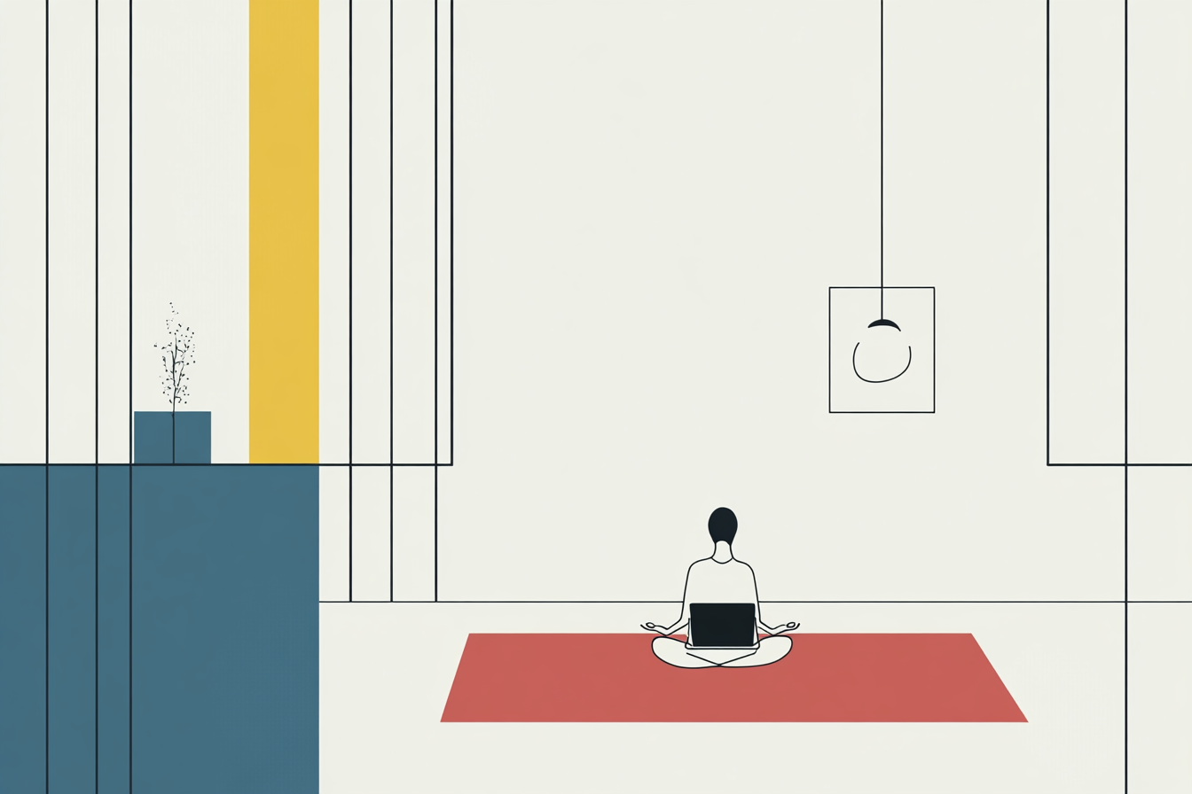 Femme assise sur un tapis avec son ordinateur, faisant du yoga