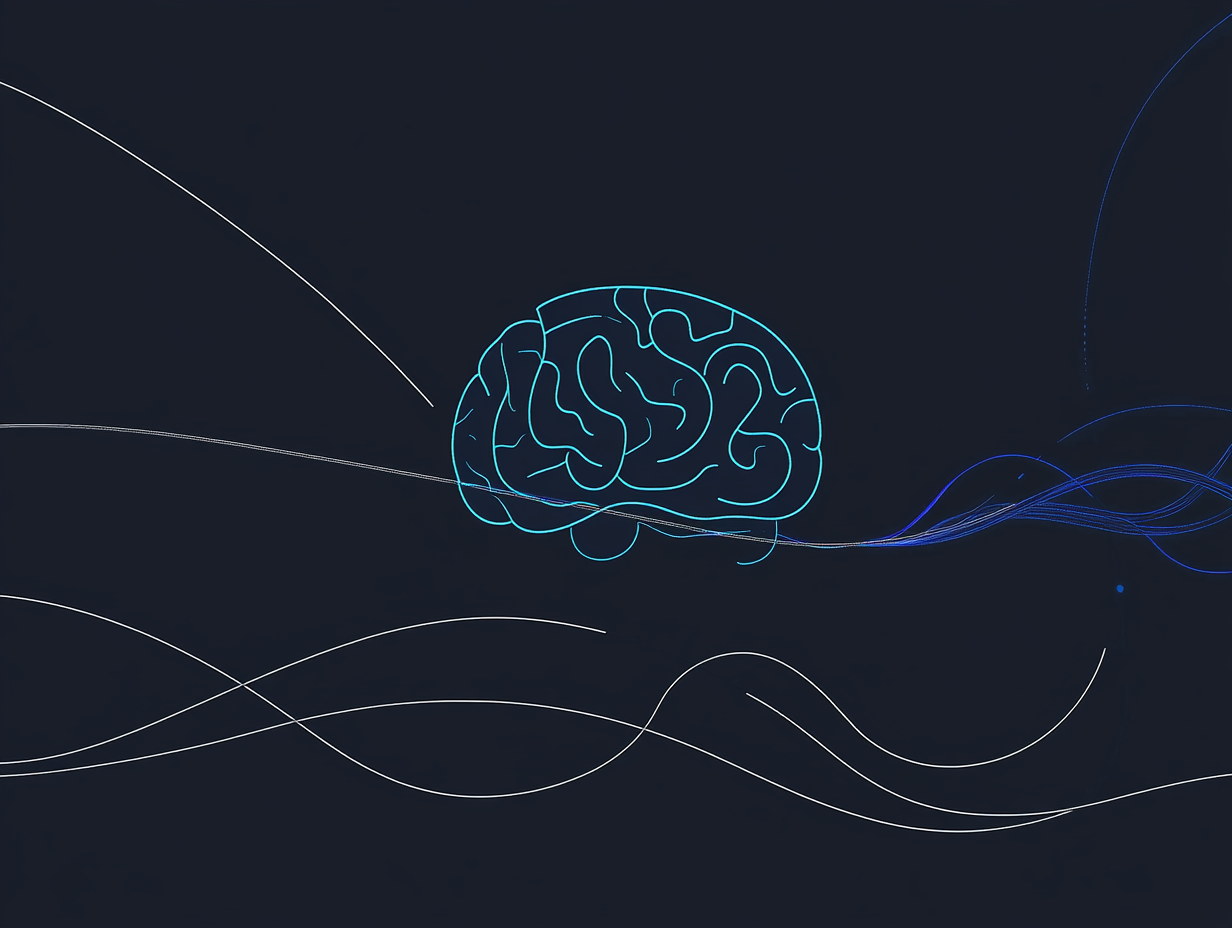 l'illustration d'un cerveau qui flotte dans les airs sur un fond bleu foncé