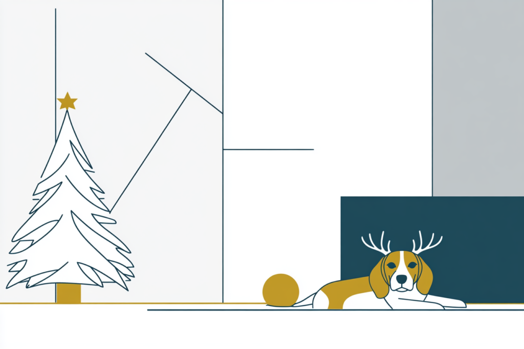 un chien porte un serre-tête à corne de renne près d'un sapin de noël