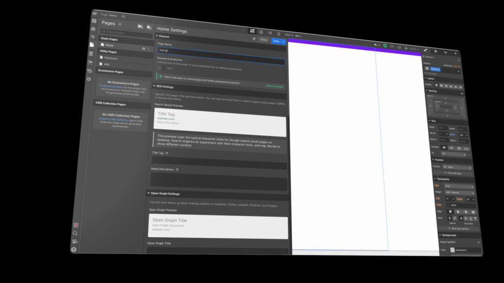 Interface Webflow avec vision sur les paramètres et différents éléments à remplir pour le SEO
