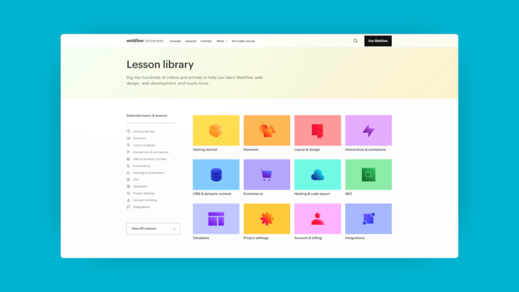 Page des cours Webflow, avec pleins de catégories possibles.