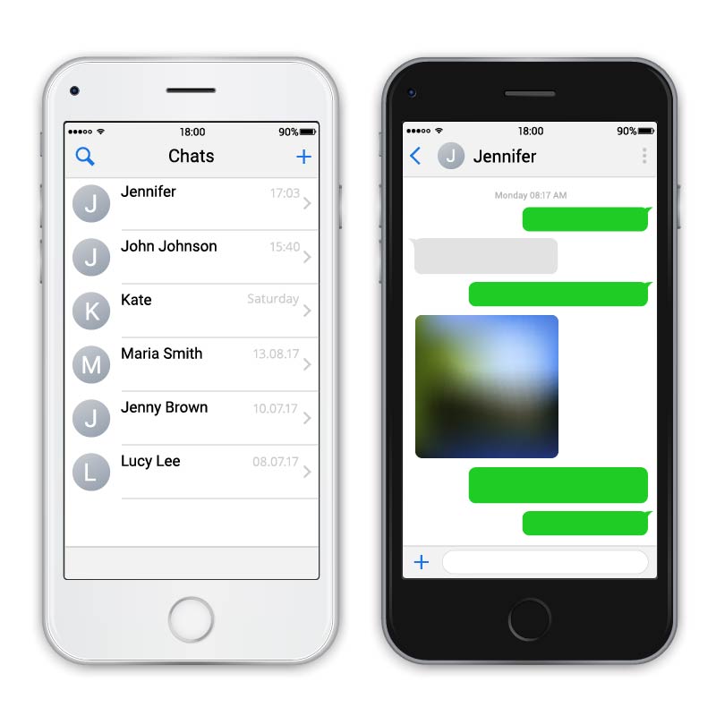 Deux iphone avec une vue sur la partie contact et la partie message dans un style de Flat Design