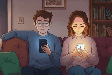 Un couple assis sur un canapé, chacun regardant son téléphone portable dans une ambiance lumineuse tamisée. La lumière des écrans illumine leurs visages à des niveaux d'intensité lumineuse différentes. l'un est en Dark mode et l'autre en Light mode. Celle en Light mode est plus éblouie par la lumière.